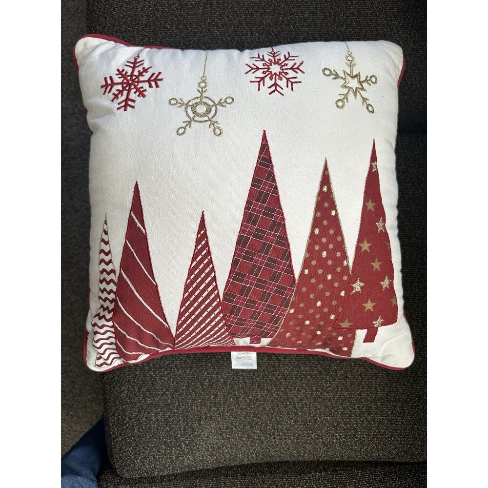 Christmas Square Throw Pillow Trees Pattern White/Red/Gold Cotton Spot Clean